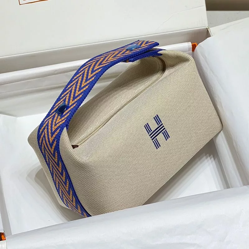 Hermes Trousse Bride-A-Brac Case Canvas Palladium Hardware In Beige Blue 0112