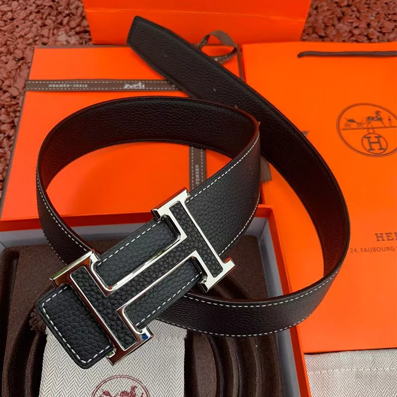 Hermes H Leather Buckle 38MM Reversible Belt Togo Leather In Black Silver 0113