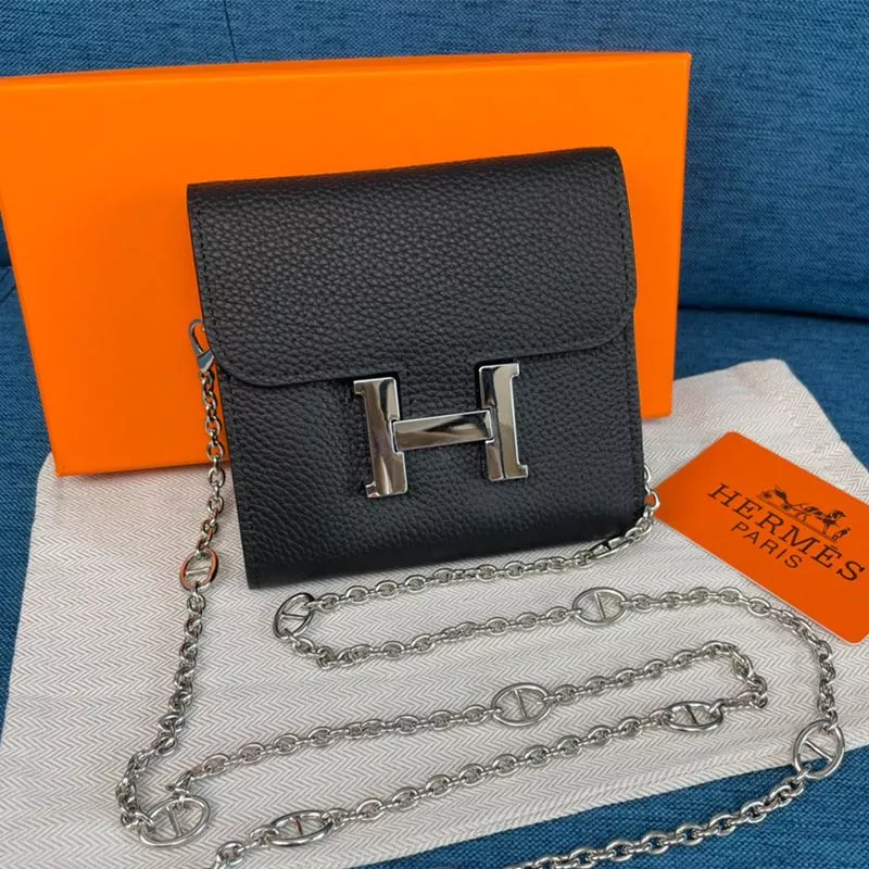 Hermes Constance Compact Wallet with Chain Togo Leather Palladium Hardware In Black 0112