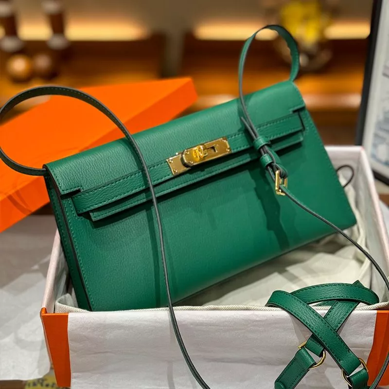 Hermes Kelly Elan Bag Chevre Leather Gold Hardware In Green 0114