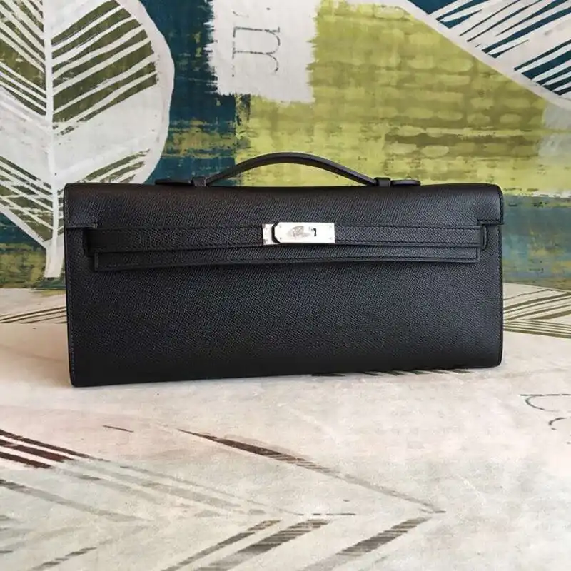 Hermes Kelly Cut Clutch Epsom Leather Palladium Hardware In Black 0125