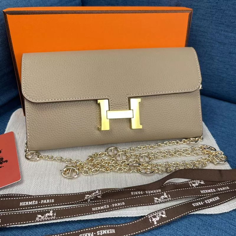 Hermes Constance Wallet with Chain Togo Leather Gold Hardware In Grey 0112