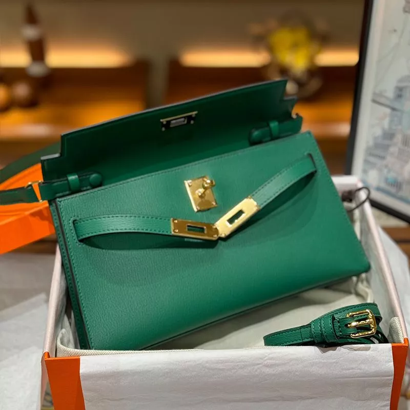 Cheap Hermes Kelly Elan Bag Chevre Leather Gold Hardware In Green 0114