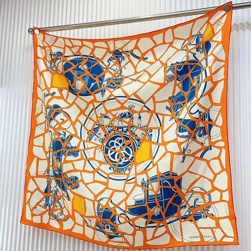 Cheap Hermes Ex-Libris En Mosaique Scarf 90 In Orange 0129