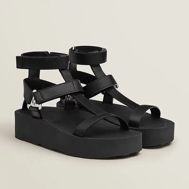 Hermes Enid Platform Sandals Women Calfskin with H Diamant Buckle In Black 0124