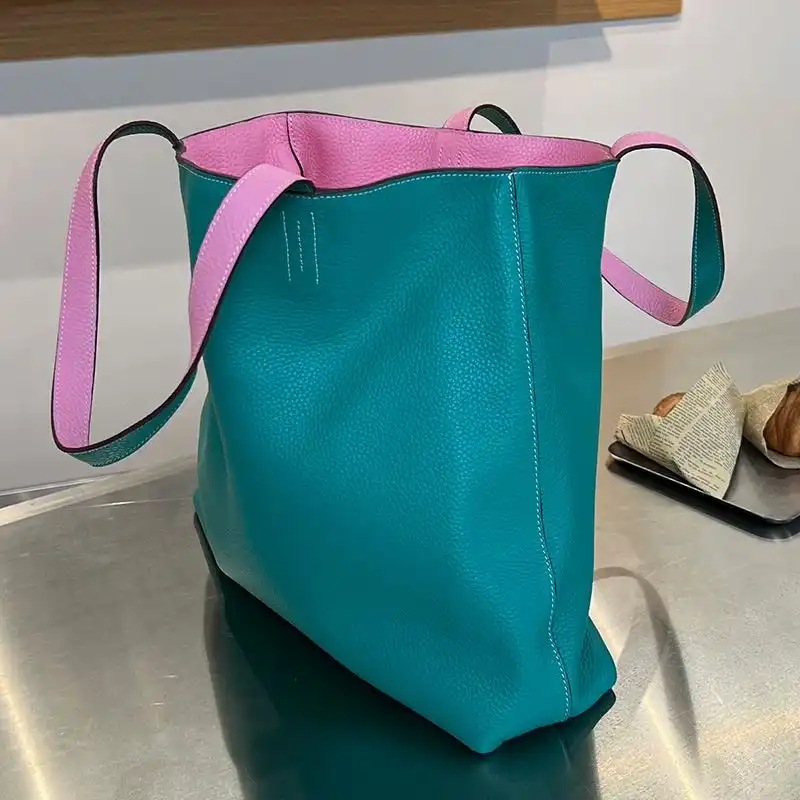 Affordable Hermes Double Sens Bag Clemence Leather In Teal Pink 0123