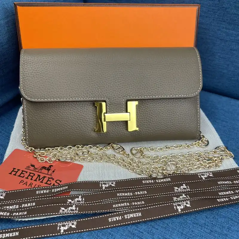 Hermes Constance Wallet with Chain Togo Leather Gold Hardware In Marble 0125