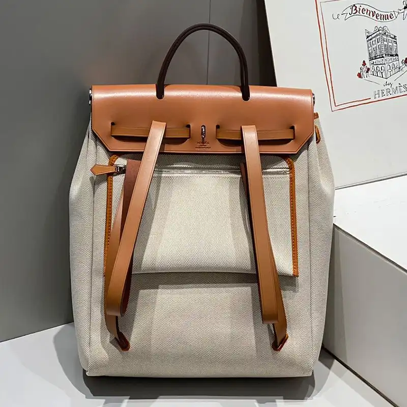 Affordable Hermes Herbag A Dos Zip Backpack Canvas Palladium Hardware In Beige Brown 0204