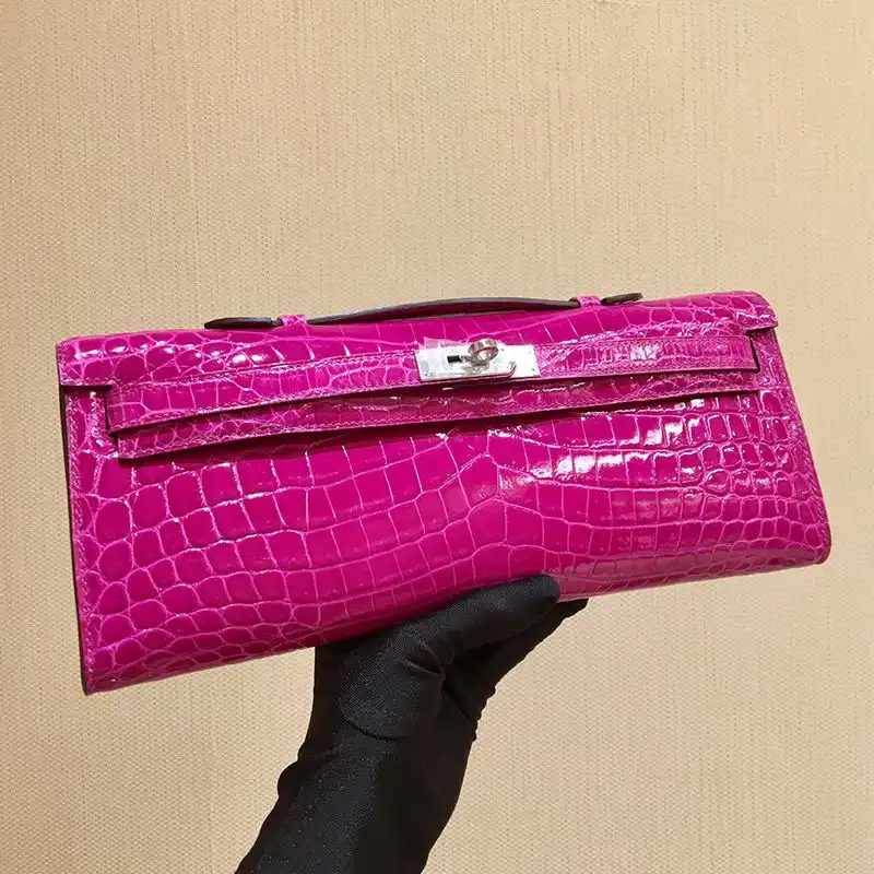 Affordable Hermes Kelly Cut Clutch Shinny Crocodile Leather palladium Hardware In Purple 0201