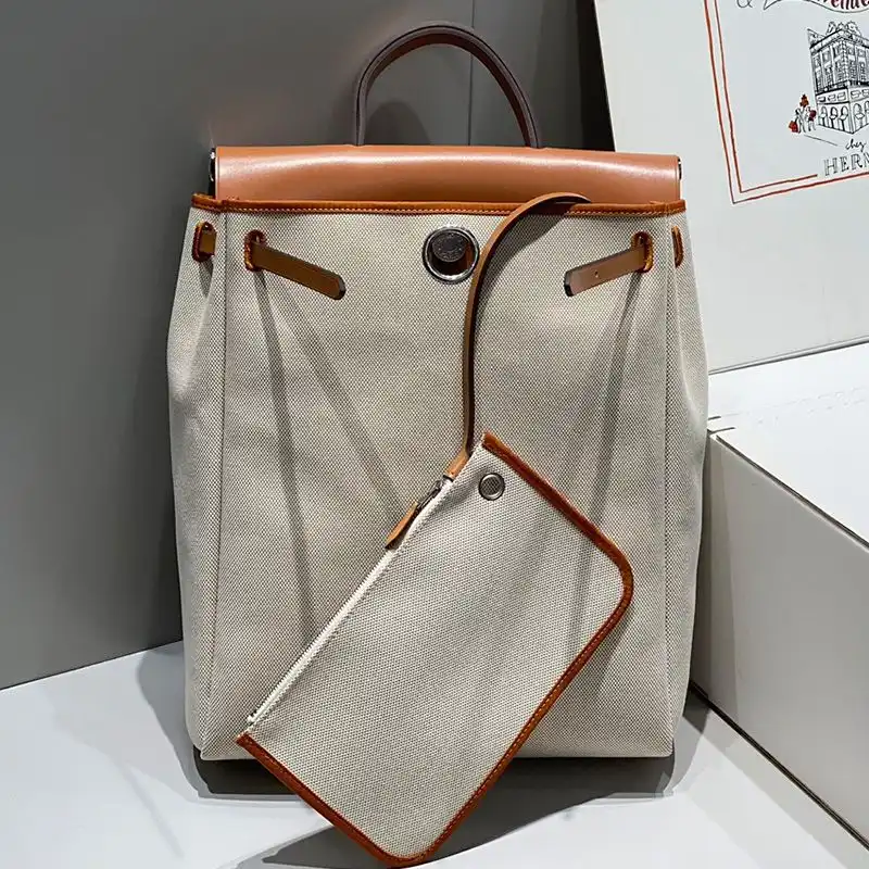 Affordable Hermes Herbag A Dos Zip Backpack Canvas Palladium Hardware In Beige Brown 0204