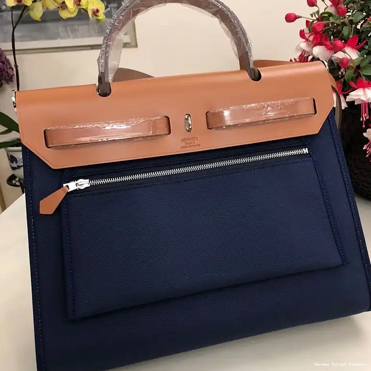 Affordable Hermes Navy Palladium In Canvas Herbag Brown Hardware Blue Bag 0217